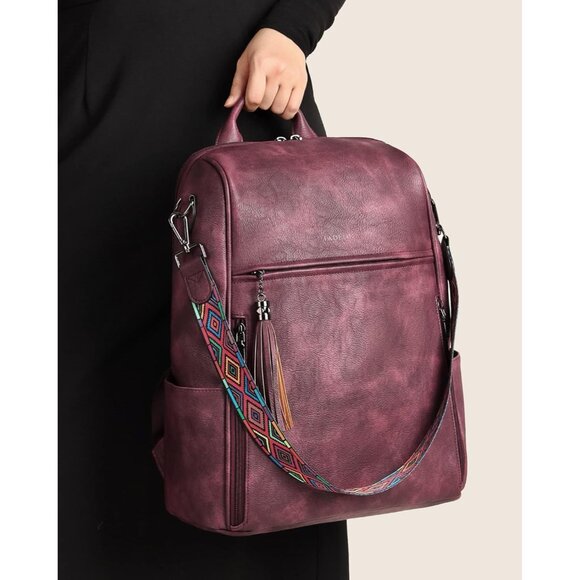 Women's Wine Red Retro Style Backpack Designer 15.6 inch PU Leather Laptop Bag - Picture 8 of 9